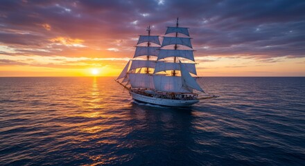 Fototapeta premium Majestic Sunset Sailboat Voyage - A breathtaking view of a sailboat sailing at sunset, the vibrant colors of the sky reflecting on the calm ocean water