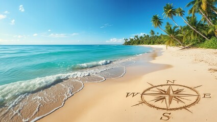 Travel banner with tropical beach, compass drawn in sand, palm trees, blue sky with clouds, natural adventure theme