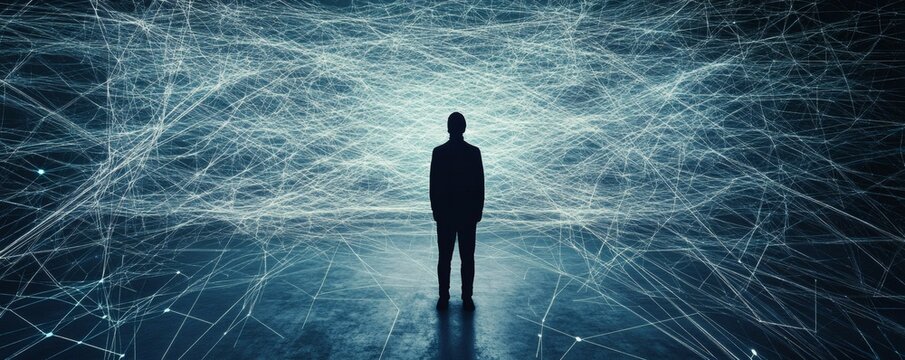 A Silhouetted Person Standing Amidst An Abstract Network Structure