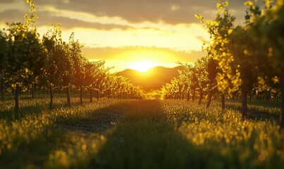 Obraz premium Scenic vineyard at sunrise, golden light reflecting off the rows of grapevines, peaceful rural atmosphere perfect for wine lovers,