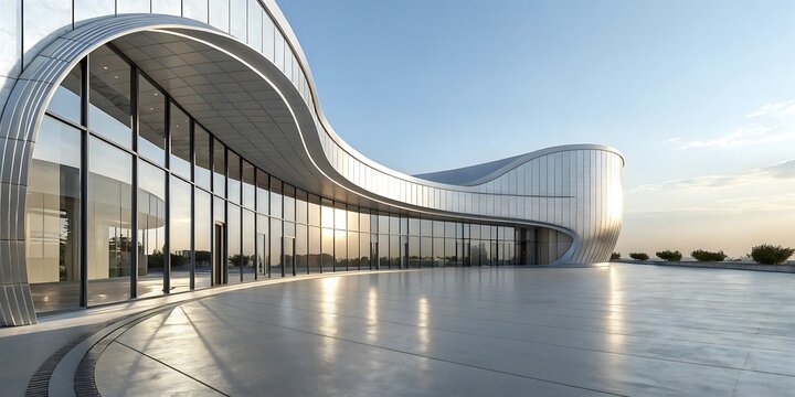 Modern Architectural Marvel: Captivating contemporary building showcases a sleek design with innovative curves, glass facade reflecting the clear sky.