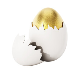 Golden egg inside white egg with broken shell on transparent background. 3D illustration