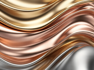 Luxurious Wavy Metallic Abstract Background in Gold, Rose Gold, and Platinum Tones, Polished High-End Texture