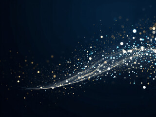 Abstract Flowing Glowing Particles on Dark Blue Background, Futuristic Dynamic Motion with Copy Space