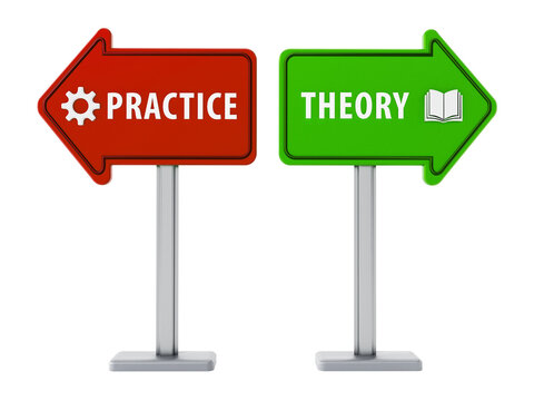 Arrows with theory and practice words on transparent background. 3D illustration