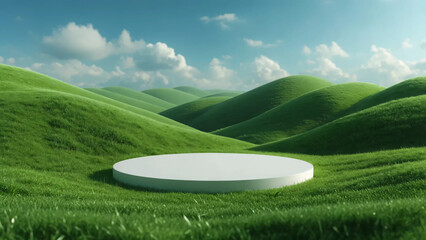 Minimalist white podium on green hills, ultra-realistic landscape with lush grass and blue sky, outdoor product display, natural light