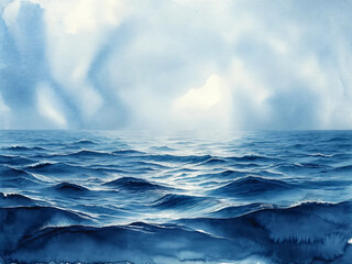Watercolor ocean waves in blue hues, abstract seascape with fluid movement and copy space