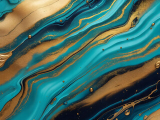 Luxury abstract liquid art background with gold turquoise navy blue acrylic pouring, metallic swirl texture