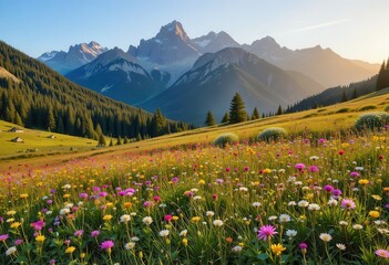 Vibrant wildflowers bloom in a serene mountain valley during sunset in spring
