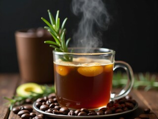 Hot avocado-infused coffee with rosemary and ginger in glass cup on wooden table with coffee beans — indoor warm drink setup