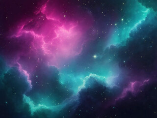 Vibrant cosmic nebula background with teal magenta clouds and glowing stars for sci-fi or fantasy design