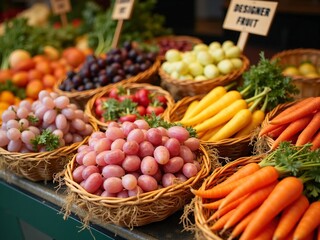 Colorful designer fruits and vegetables in wicker baskets at premium market display