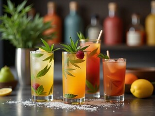 Trendy non-alcoholic cannabis-infused cocktails in modern bar with herbs and fruits