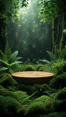 Wooden podium in forest clearing with moss and ferns for eco product display