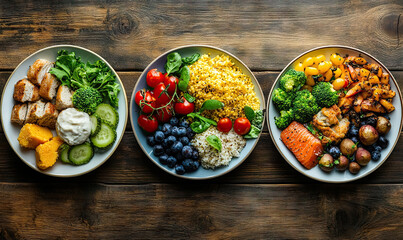 Three diverse and colorful balanced dietary plates on rustic wooden backdrop for World Food Safety Day