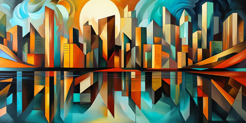 Abstract cityscape painting, showcasing geometric buildings reflected in water, sun and swirling sky suggesting movement and dynamism, representing urban life or modern architecture