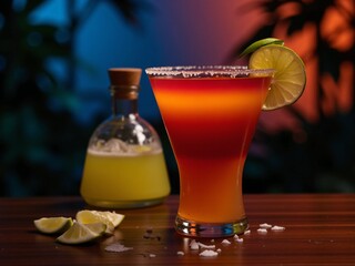 Tequila sunrise cocktail with lime and salt on wooden bar counter under neon tropical lights, beverage branding, bar menu designs, and summer-themed marketing visuals.