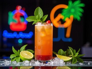 Mai Tai cocktail with cherry, lime, and mint on reflective bar with ice and neon tropical background, perfect for drink menu design, bar advertising, and summer content
