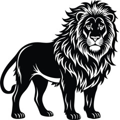 Lion Silhouette. Standing profile view with a full mane and tail. Black on white. Strong