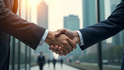 Close-up handshake between two businessmen in suits in modern city with tall buildings and soft sunlight, with space for text or business branding overlay