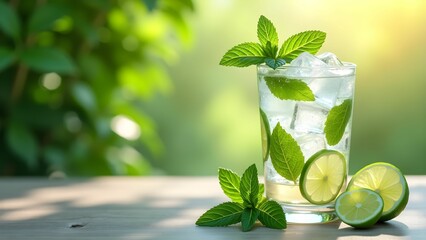 Mojito cocktail with lime, mint and ice in clear glass on wooden table outdoor in the garden with green blurred background and copy space for text or branding overlay