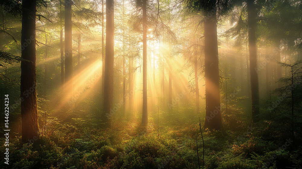 Poster sunbeams pierce misty forest, illuminating tall trees and verdant undergrowth, creating a serene and