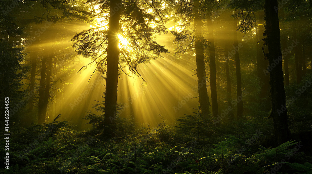 Poster golden sunlight beams through misty forest, illuminating tall trees and ferns, creating a serene and