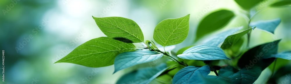 Poster a close-up view of a green leaf from nature is set against a blurred green background in a garden, i
