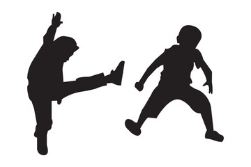 Black silhouette of children jumping for joy. Active kids jumping or trampolining, outline elements collection, flat vector isolated on white background. Summer entertainments and attraction.