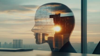 Transparent human figure contemplating job search against cityscape  