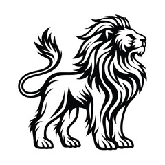 Stylized Lion Silhouette Standing Proudly, Detailed Mane, Strong Features, Bold Black Design