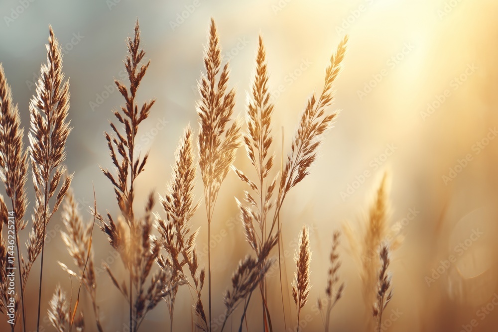 Poster a macro image of green grass in a summer forest at sunset, with a shallow depth of field, creates an