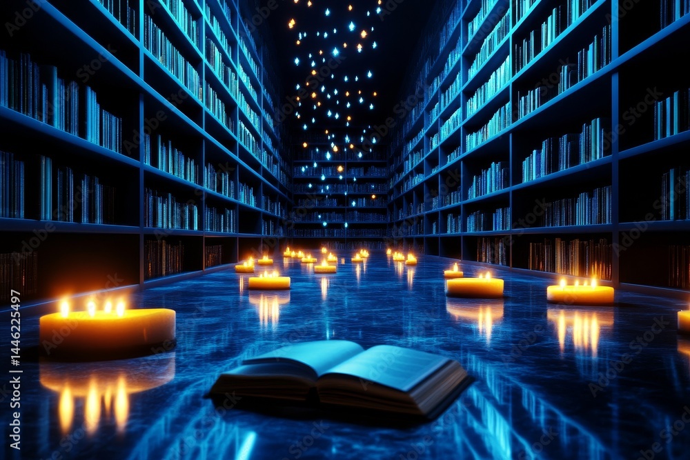 Poster magical library with glowing candles - open book on a glowing floor in a magical library with booksh