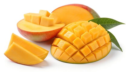 Fresh Ripe Mango Cut into Cubes and Slices, Surrounded by Green Leaves on White Background

