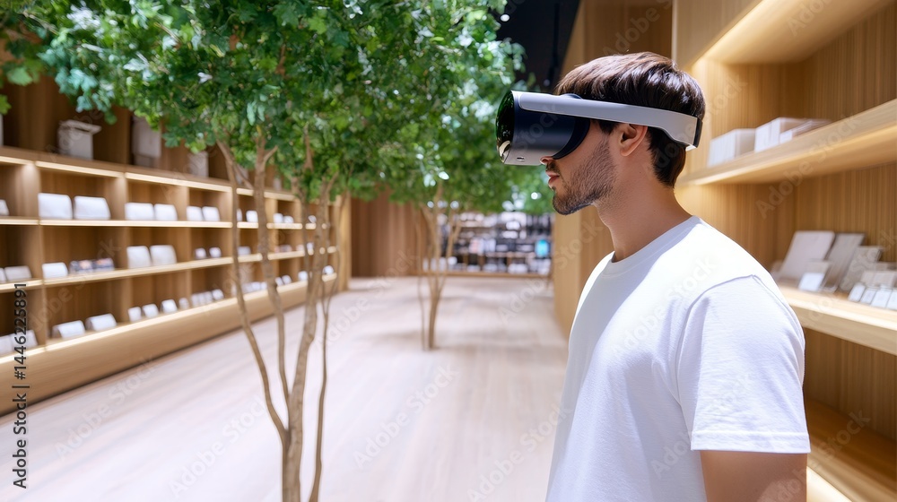 Poster man experiencing virtual reality in bookstore - a man wearing a vr headset explores a virtual bookst