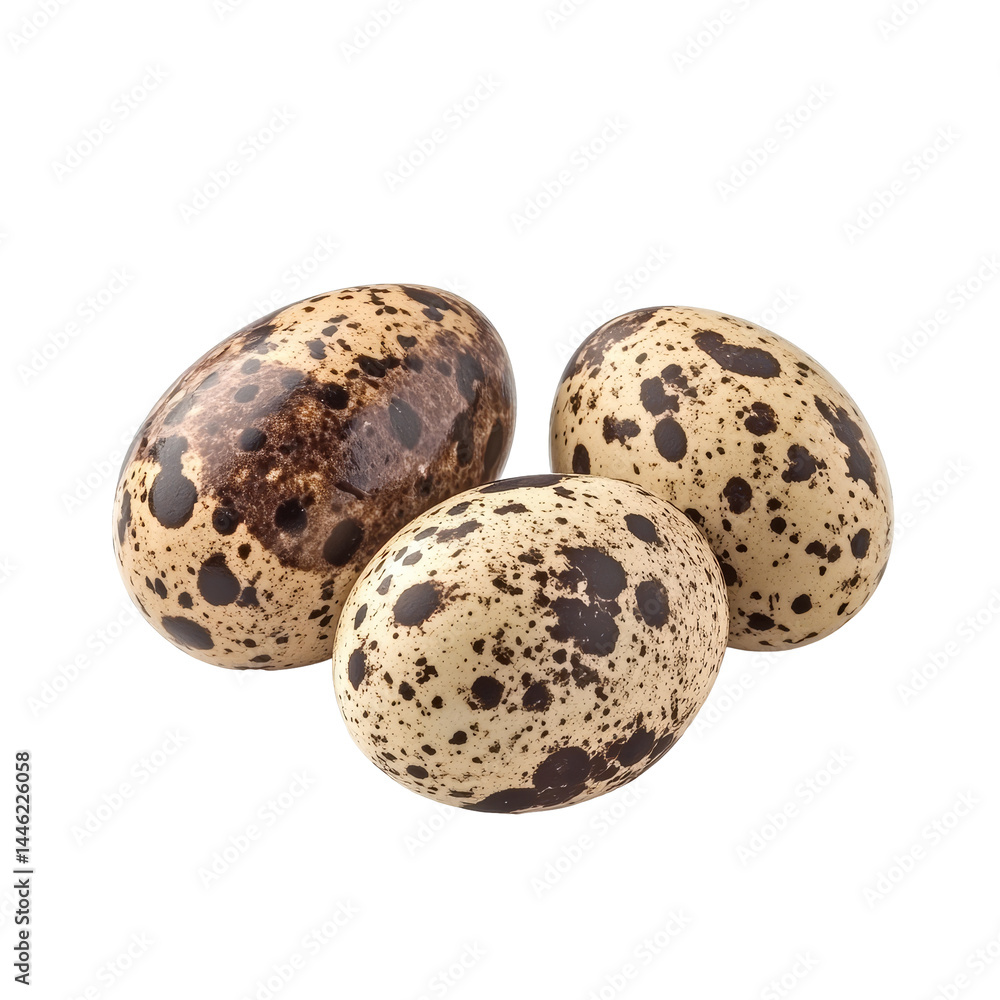 Poster quail eggs in various sizes displaying distinctive speckled patterns against a clean transparent bac