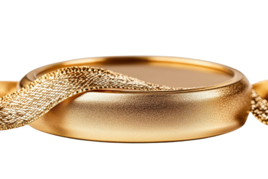 Luxurious gold pendant with shimmering ribbon elegant design rich texture close up view bright