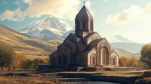Armenian church with Mount Ararat in the background, hyperrealistic photo. Armenia was the first to adopt Christianity.