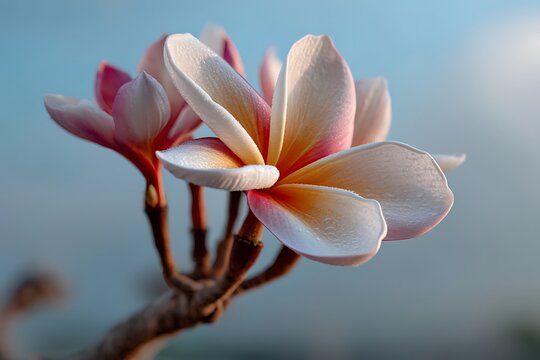 A single plumeria flower in soft sunlight, isolated on a diffrent collers background, evoking serenity and tropical beauty.