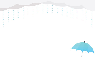 青い傘に上に広がる雲から点線の雨が落ちる背景