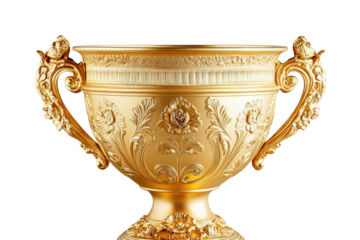 Elegant gold trophy cup ornate details a symbol of victory and achievement Gray background