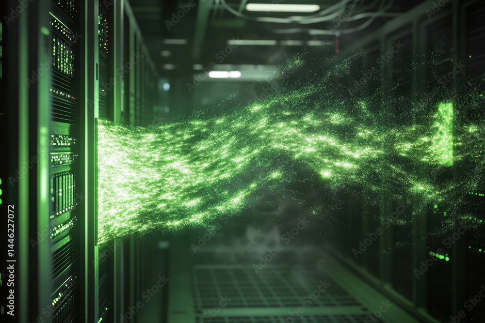 Poster cybersecurity and cyberwar concept showcasing energy flow in a modern data center environment, cyber