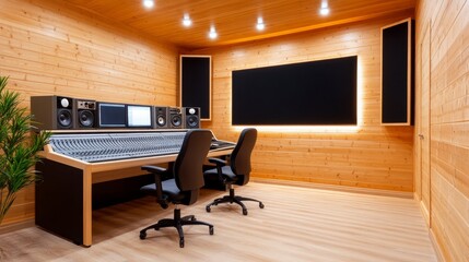 Modern Spacious Music Recording Studio - Professional music production, sound mixing, audio engineering, recording console, wooden walls. Symbolizing creativity, precision, artistry, innovation