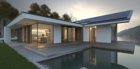 Fototapeta premium Solar panels are installed on the roof of a beautiful modern home
