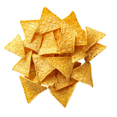 A top view of crispy nacho chips on a transparent background perfect for snack time or party platters, Nacho chip viewed from the top, isolated on a transparent background or transparent background