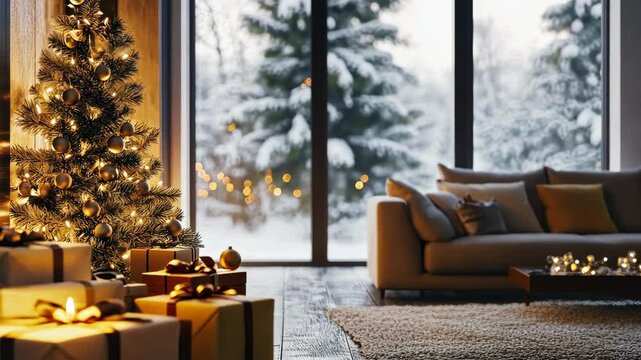 a cozy, bright room with panoramic windows, decorated with Christmas attributes