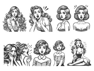 Surprised woman showing shock or excitement Set collection bundle sketch engraving generative ai vector illustration. Scratch board imitation. Black and white image.