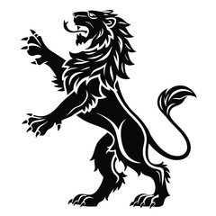 Heraldic Lion Rampant Silhouette Roaring Black, Crest, Animal, Feline, Mammal, Isolated © Shipon