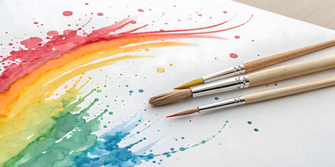 Fototapeta premium A colorful array of brushes, the artist's essential tool for painting vivid watercolor art, sparks creative design