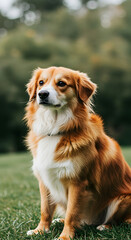 Fluffy Golden Mixed Breed Dog Sitting Calmly On Grass In Outdoor Park Setting